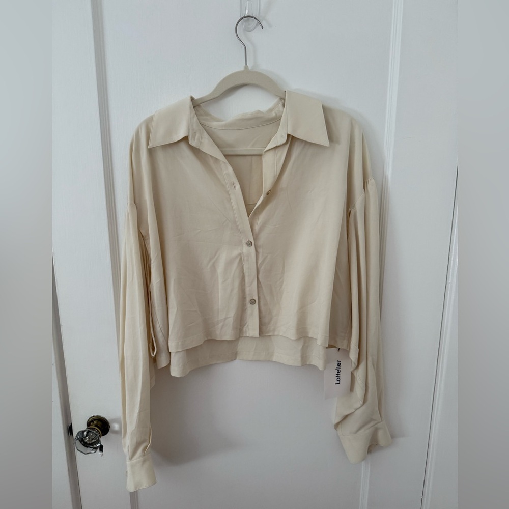 Lattelier Tan Cream Boxy Crop Button Down Shirt